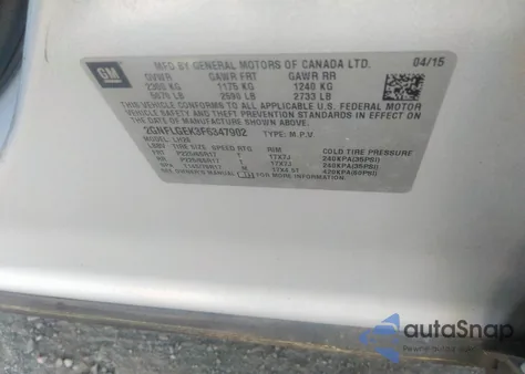 2015 Chevrolet Equinox 2Lt from USA, damaged, VIN 2GNFLGEK3F6347902